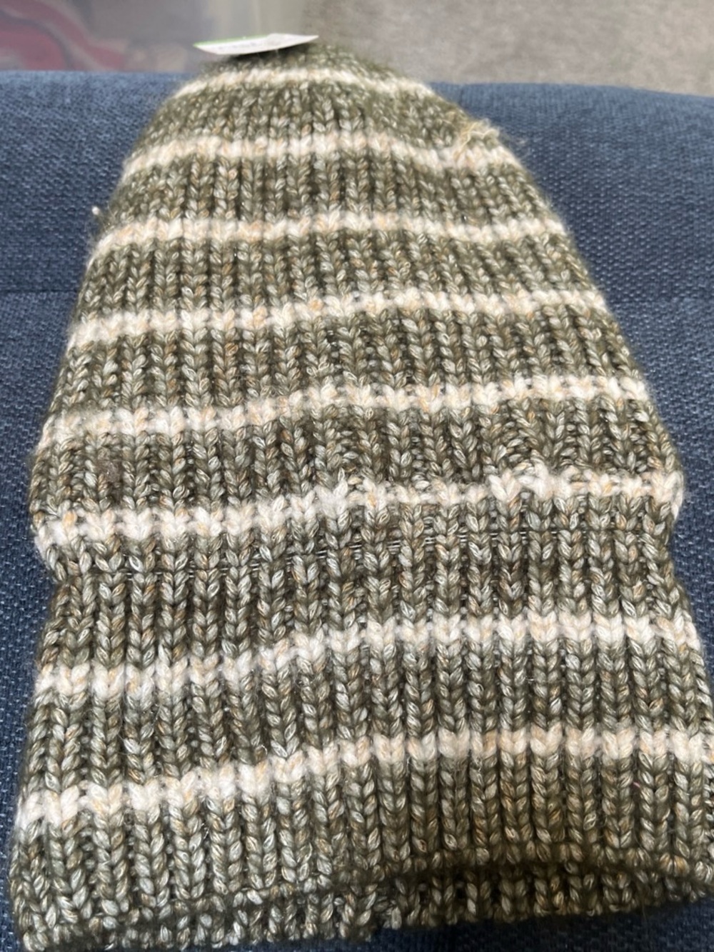 Time and Tru Olive and Cream Striped Knit Beanie